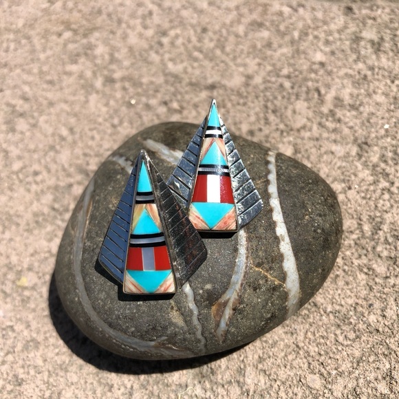 Vintage Native American Zuni - Multi Stone Inlay Earrings ❤️ - Picture 3 of 8